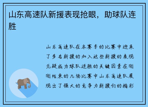 山东高速队新援表现抢眼，助球队连胜